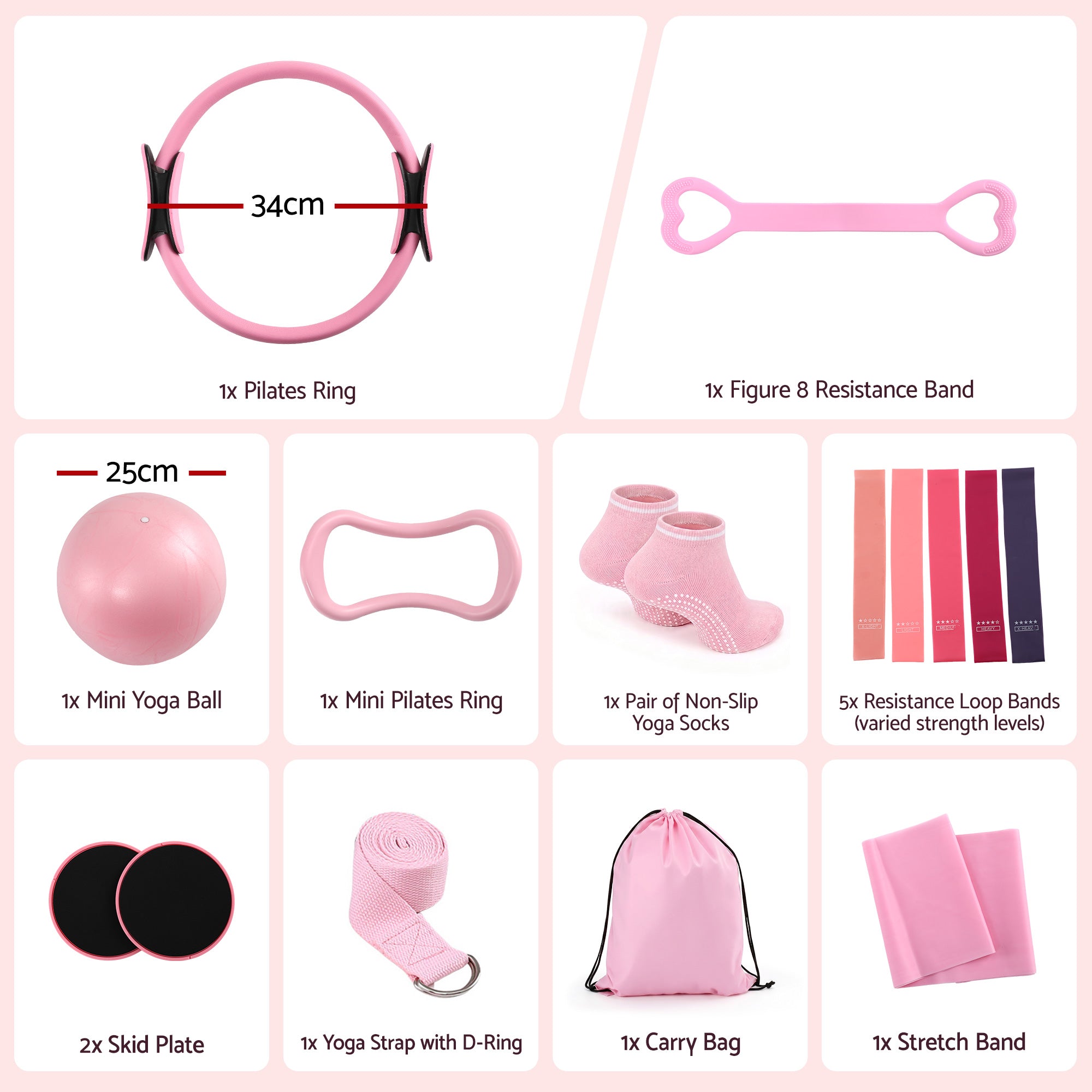 Everfit Pilates Ring Set for Women, 15pcs Home Workout Pilates Equipment with Ring, Ball, Yoga Socks, D-Ring etc. Pilates Starter Kit for Strength, Toning and Flexibility Pink - Image 2