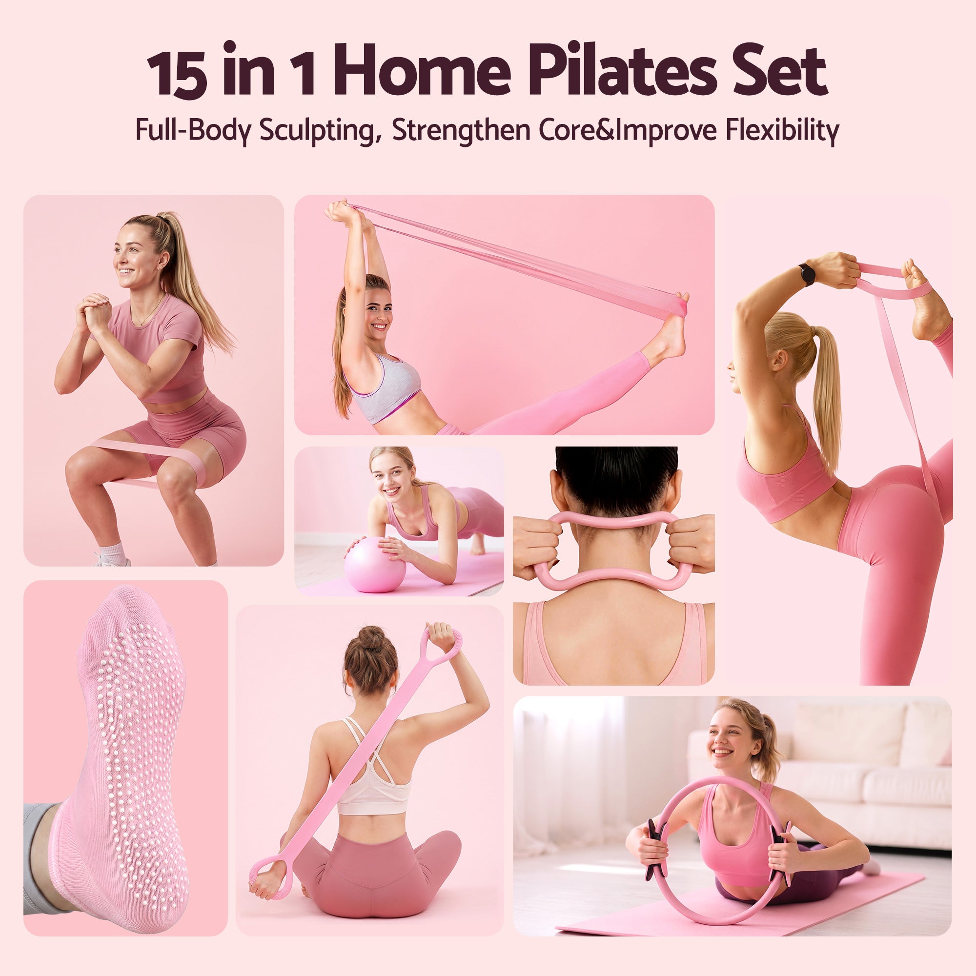 Everfit Pilates Ring Set for Women, 15pcs Home Workout Pilates Equipment with Ring, Ball, Yoga Socks, D-Ring etc. Pilates Starter Kit for Strength, Toning and Flexibility Pink - Image 3