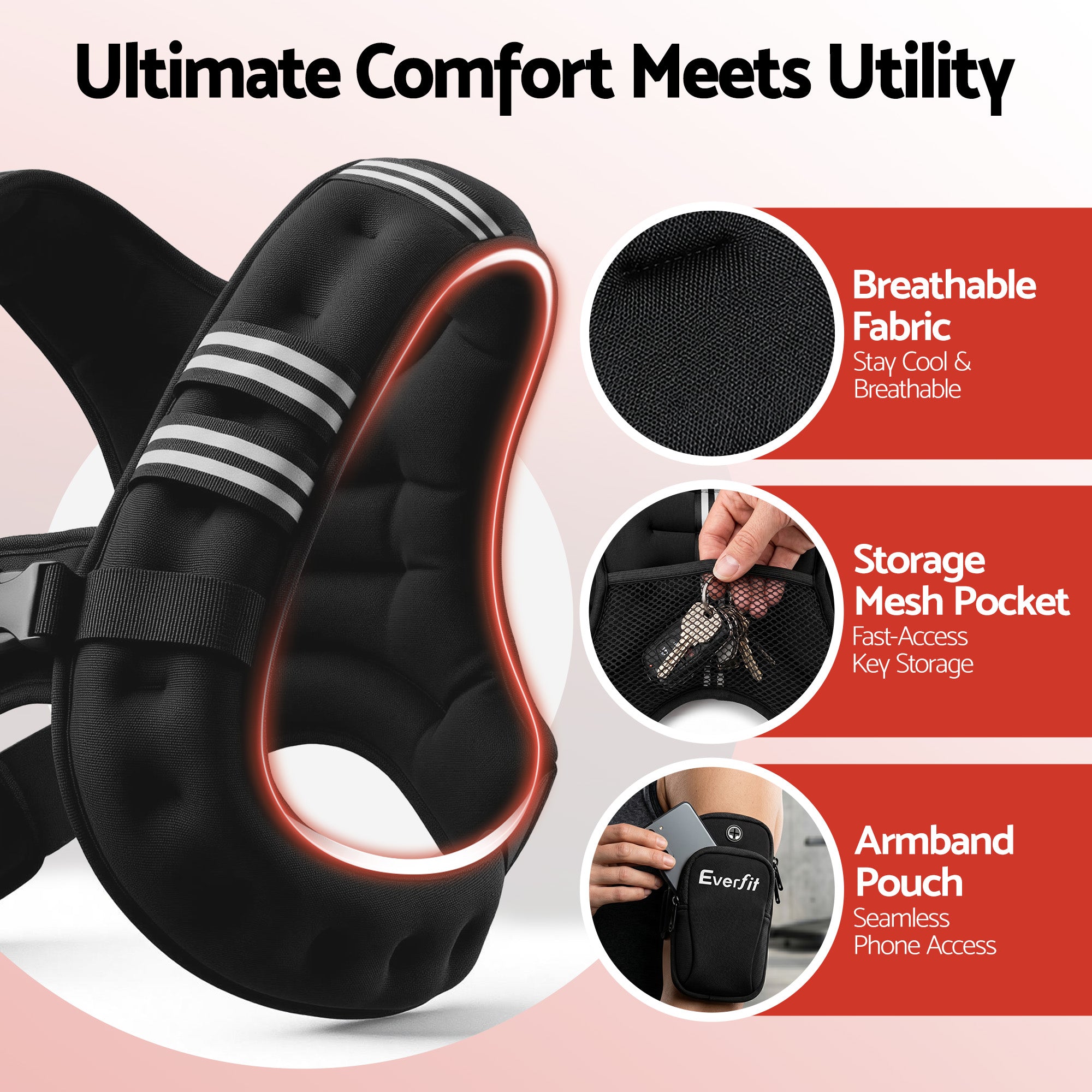 Everfit 5kg Weighted Vest Men Women, Reflective Running Vest with Armband Pouch - Image 4